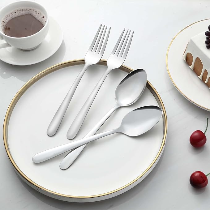 24 Pcs Forks and Spoons Silverware Set, Food Grade Stainless Steel Flatware Cutlery Set for Home, Kitchen and Restaurant, 12 Dinner Forks and Dinner Spoons, Mirror Polished & Dishwasher Safe