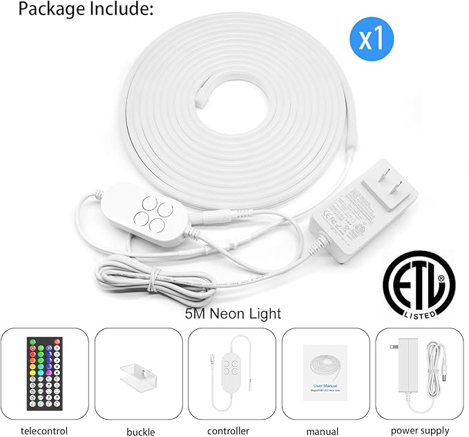 16.4FT 5M Addressable Neon Rope Light, WS2811 RGB LED Chasing Digital Strip Lights MagicRGB Waterproof Silicone Rope Music Sync DIY Design APP Control Dream Color for Gaming Room Wall Decor