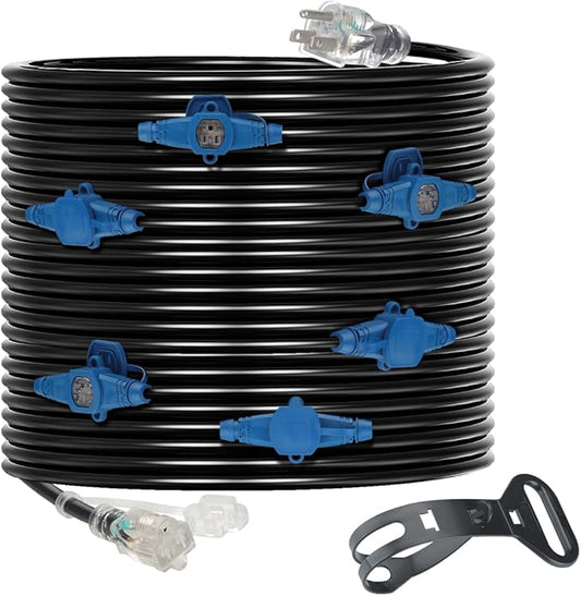 50 Feet Multi Outlet Extension Cord 12 Gauge,7 Nema 5-15R Evenly Spaced Outlets with Blue Indicators,Male Plug to Female Connector,Erboelec,ETL Listed