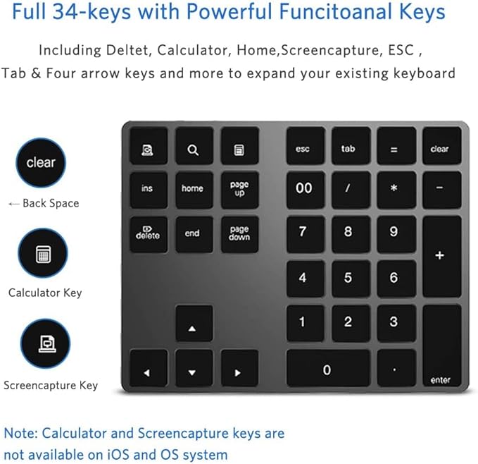 Bluetooth Number Pad, Wireless Numeric Keypad, USB-C Rechargeable External 34-Keys Numpad, Financial Data Entry Keyboard for iMac, MacBook Air/Pro, PC Desktop, Laptop Notebook