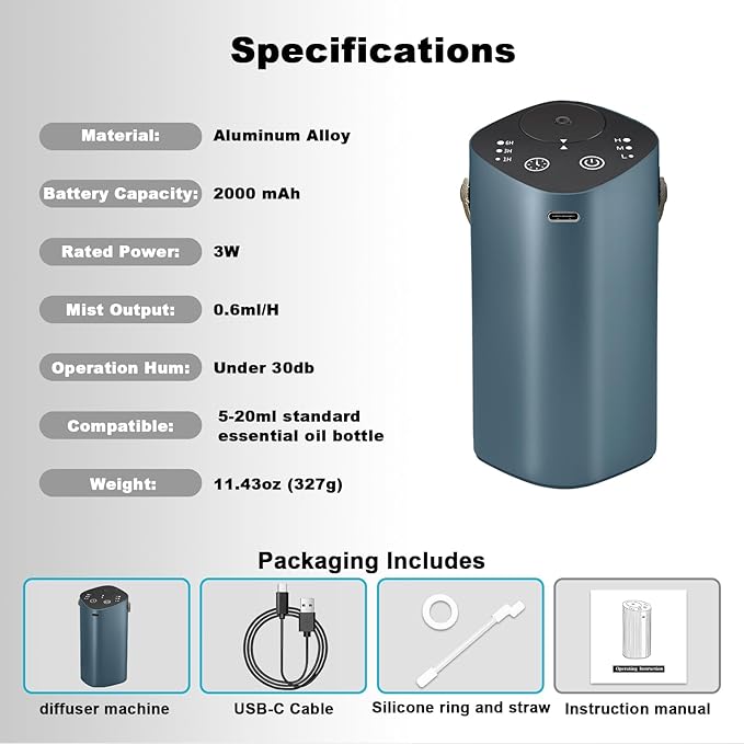 Waterless Essential Oil Diffuser for Car & Home，Aromatherapy Diffuser with 4 Timer（1/3/6/Off, 3 Mist Mode, Battery Operated, Air Scent Diffuser for Bathroom Office, Small Aroma Diffuser Greyblue