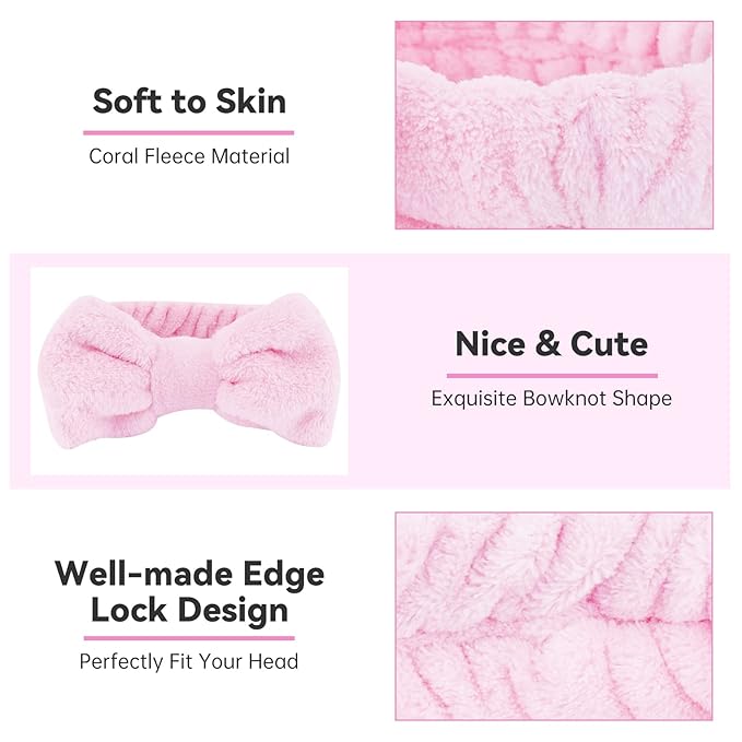 Ondder Spa Headband for Washing Face 8 Pack Pink Skincare Headbands for Women Girls Terry Cloth Cute Bow Head Bands