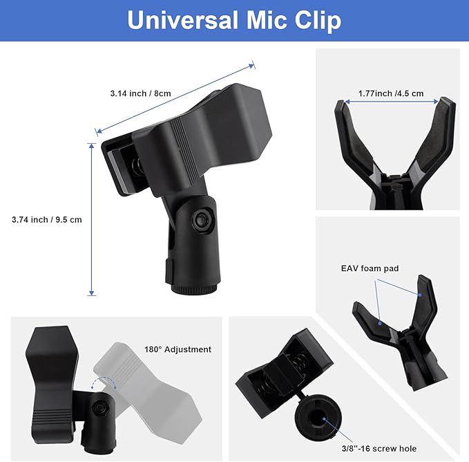 Desk Microphone Mic Stand, Adjustable Height Table Microphone Stand with Universal and Shock Mount Mic Clip, one 3/8"-16 Female to 5/8"-27 Male Adapter for Blue Yeti/BlueSnowball/SoloCast