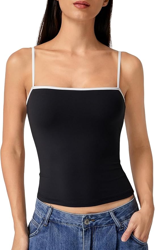 QINSEN Women's Double Lined Basic Tank Top Adjustable Spaghetti Straps Sleeveless Camisole Shirts