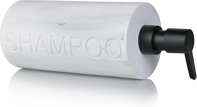 Matte White Shampoo Dispenser Modern Refillable Pump Bottle with Embossed Text, Durable Resin Construction for Bathroom and Kitchen