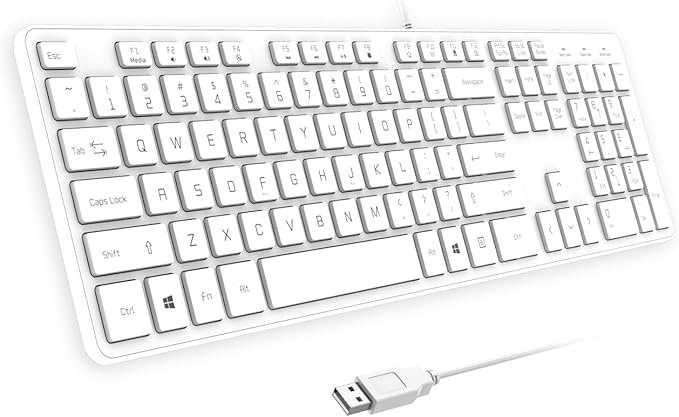 Wired USB Keyboard, Comfortable Quiet Chocolate Keys, Durable Ultra-Slim Wired Computer Keyboard(QWERTY) for PC, Windows 11/10/8/7/XP/Vista KB1430 - White