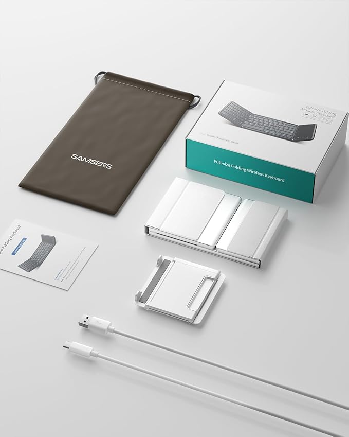 Samsers Foldable Bluetooth Keyboard with Touchpad, Full-Size Wireless Folding Keyboard with PU Leather, Portable Travel for iOS Android Windows Mac OS, Support 3 Devices (BT5.1 x 3), Silver