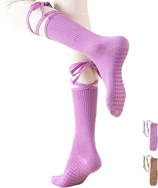 Non-Slip Pilates Yoga Socks with Grips for Women - Stylish Crew Socks for Barre, Ballet, and Workout (Size 5-9)