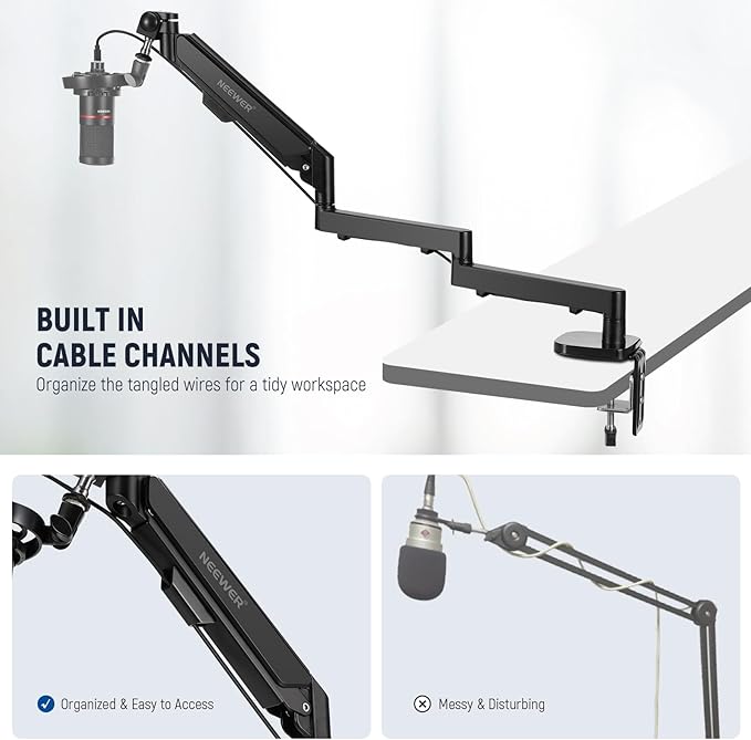 NEEWER MS002 Low Profile Desk Mic Boom Arm Stand with 360° Swivel Adjustable Pneumatic Damping Cable Management Cleaning Cloth, Desktop Mount Holder Compatible with Shure MV7 SM7B Blue Yeti Microphone