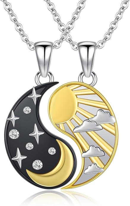 Yin Yang Necklaces 925 Sterling Silver Friendship Sun Moon/Mountain/Dolphin/Tree of Life/Flower/Wings Pendant Necklace Moonstone Abalone Opal Jewelry for Women Men Couples