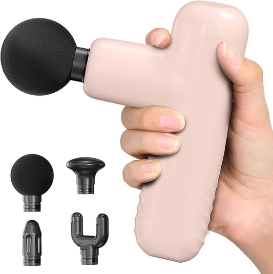 Mini Massage Gun, Powerful Handheld Muscle Massager for Back Pain Relief, Deep Tissue Percussion Small Massage Gun Travel Massager with 4 Massage Heads Silent Brushless Motor, Pink