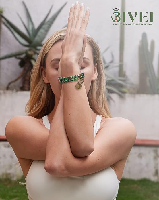 Bivei Natural Semi Precious Gemstone beads bracelet for women - Life Tree and Leaf Charm Energy Reiki Crystal Stretch Bracelets