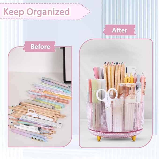 SKYDUE Rotating Pencil Pen Holder, Pen Organizer with 5 Slots - Aesthetic Desk Organizer and Accessories for School, Home, Office Supplies, Clear Pink