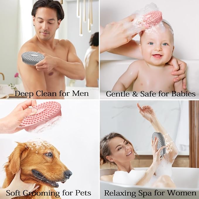 2 Pack Silicone Body Scrubber with Loofah Exfoliating Soft Body Shower Scrubber for Body, 2 in 1 Bath and Shampoo Wash Brush for Skin Exfoliation Men Women (Grey&Pink)
