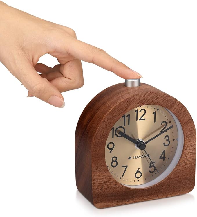 Navaris Wood Analog Alarm Clock - Half-Round Gold Face Battery-Operated Non-Ticking Clock with Snooze Button and Light - Dark Brown