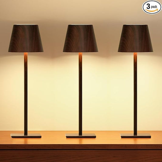 UME 3 Pack Cordless Table Lamp, Battery Operated Lamp - Portable Waterproof Rechargeable Table Lamp w/ 3 Color Temps & Stepless Dimming for Dinner, Desk, Cafe, Outdoor (Woodgrain)