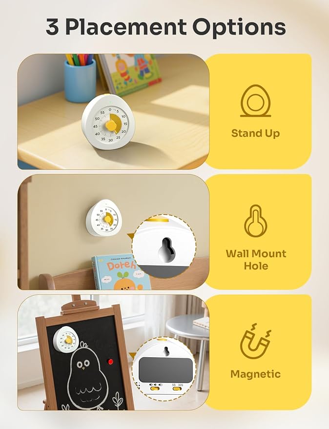 LIORQUE Visual Timer for Kids, 60-Minute Countdown Kitchen Timers for Cooking, Kids Timer with Silent Operation & Countdown Pause for Teaching Classroom Office