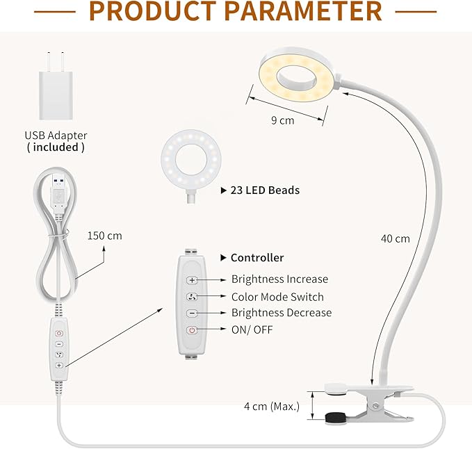 iZELL Reading Light, USB Clamp Lamp for Child Reading Book in Bed at Night, LED Small Desk Lamp with Adjustable Gooseneck Clip on Beside Table for Studying Working Drafting Sewing - 15.8‘’ White