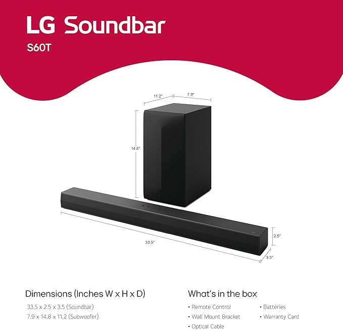 LG S60T 3.1 ch. Soundbar with Wireless Subwoofer, Dolby Audio, TV Synergy, Wow Interface, AI Sound Pro (2024 Model)
