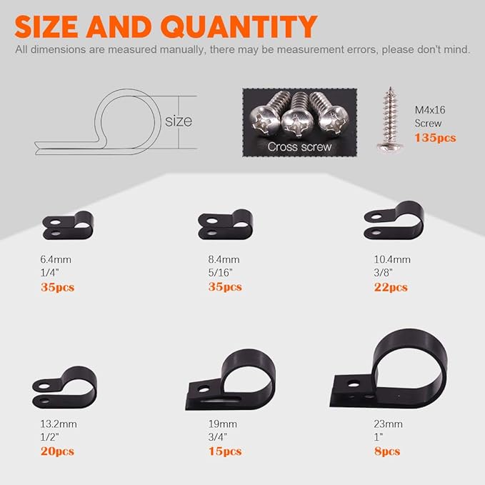 135 Pcs 6 Size Black Nylon R-Type Cable Clamp Clips Fasteners Assortment kit with Mounting Screw and 135 Pcs Screws Organizer Cord Clips for Wire Management