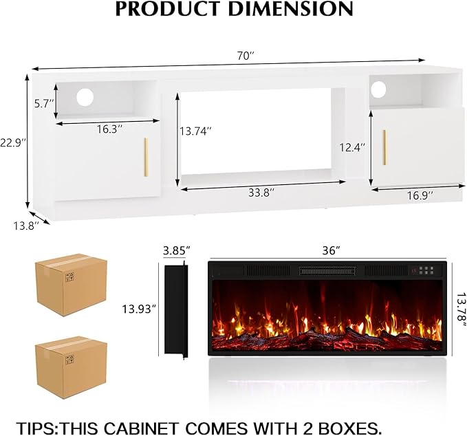 Lemberi Fireplace tv Stand with 36 inch Fireplace Up to 80" TVs,LED Light Entertainment Center and Storage, 70" Modern Wood Media TV Console with Highlight Cabinet for Living Room (White)