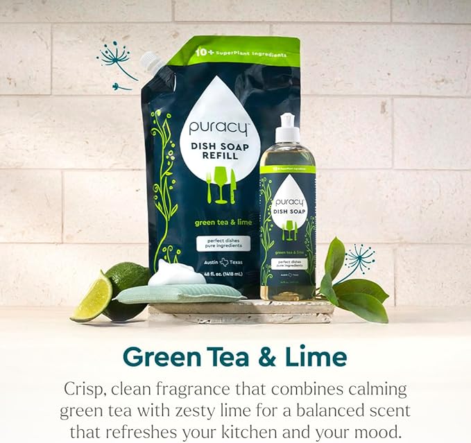 Puracy Natural Dish Soap Packs- Skin-Softening Plant-Based Dishwashing Soap, Non-Toxic Dish Soap, Organic Liquid Dishwashing Detergent Soap (Green Tea & Lime, 16 fl oz, 3 Pack)