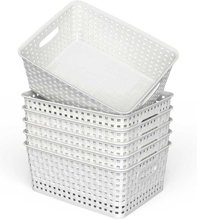 WYT Woven Plastic Storage Baskets, 6 Pack White Weave Bins Organizer, 10.1" x 7.55" x 4.1"