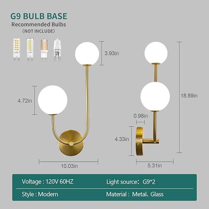 Milk Glass Wall Sconce Gold Wall Sconces Mid Century Modern Sconces Wall Lighting 2 Light Globe Sconce for Bedroom Living Room Hallway Wall Light Fixtures