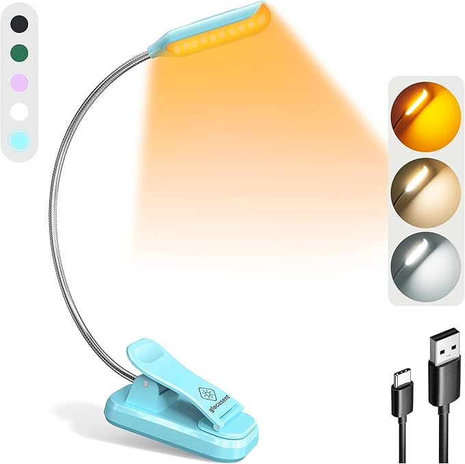 Glocusent Willow Book Light for Reading in Bed, 10LED Bright Reading Light, 3 Colors & 3 Brightness, Rechargeable Book Light Lasts for 80hr, Lightweight Clip on Book Light, Perfect for Book Lovers