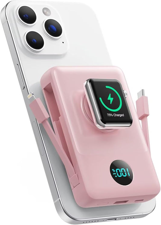 APHUWJ Magnetic Portable Charger 10800mAh with Built-in Cables, 6-in-1 Wireless Power Bank with iWatch Charger, 25W PD Fast Charging USB C Battery Pack for iPhone 16/15/14/13/12,Apple Watch(Pink)