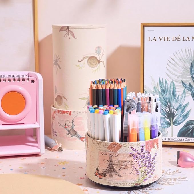 360° Rotate Desk Pen Organizer, Makeup Brush Holder Organizer, Makeup Organizers Countertop, TV Remote Control Holder,Leather Remote Caddy,Dual-Purpose Art Supply Pencil Cup (Lavender)