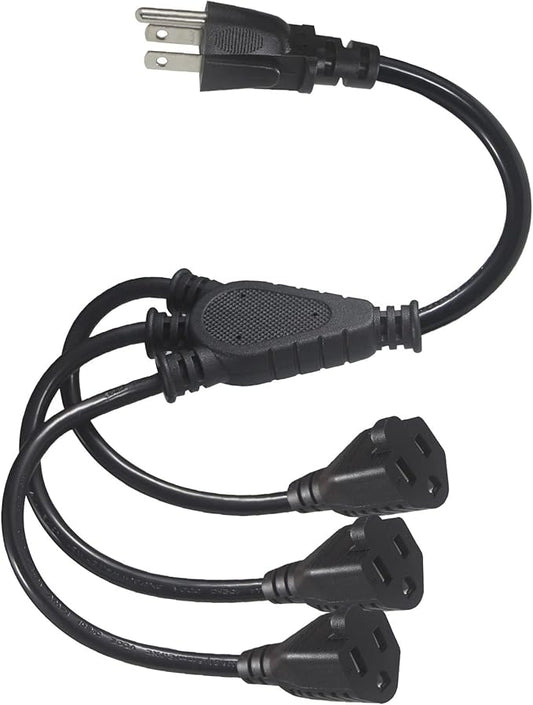 KUNCAN 3-Outlet Splitter Extension Cord - 3 Prong 1 to 3 Way Power Splitter Extension Cable, 1FT 16AWG 13A/1625W, NEMA 5-15P to 3*NEMA 5-15R Y Style Extension Cord (Black 1-Pack)