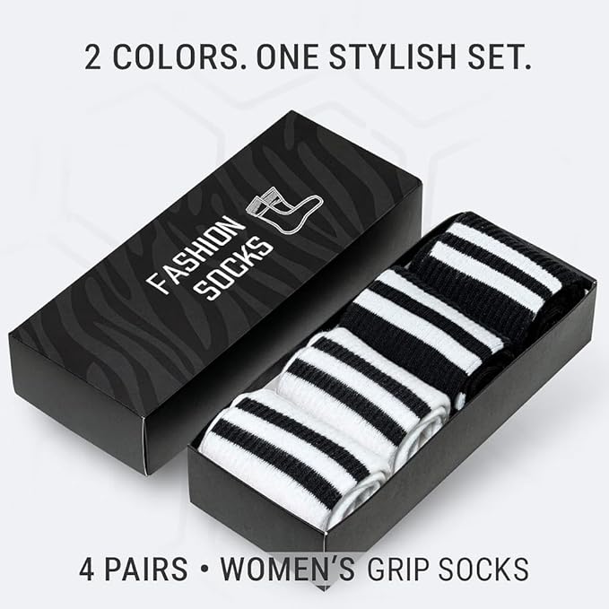POWER STEP Pilates Grip Socks for Women, Non-Slip Cotton Crew Yoga Socks for Pilates, Dance, Workout, Barre and Home, 4 Pairs