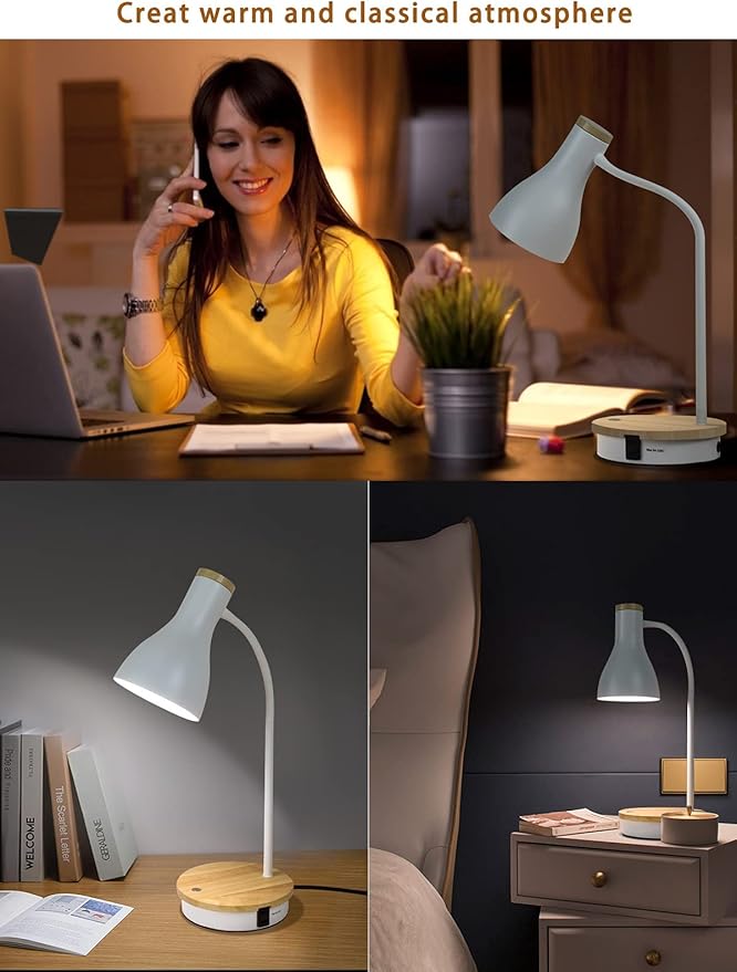Metal Desk Lamp Wireless Charging Table Lamp Touch Reading Lights Arc Desk Lamps for Bedroom, 3 Way Dimmable Bedside Lamp with USB Charging Ports Lamp for Study Room and Office (Touch-White)