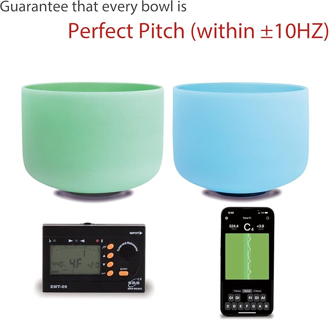 FMTY 10inch Crystal Singing Bowls set prefect pitch(±10HZ) Green(Heart)+ Purple(Crown) with Soft Carrying Bag Sound Bowls Chakra Bowl
