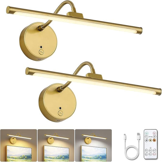 Picture Lights for Wall – Wireless Rechargeable LED Light with Remote, Adjustable Arm, Gold Battery Operated Display Lighting for Paintings, Bedroom, Gallery Wall Décor (Gold, 12.6 inch - 2Pack)