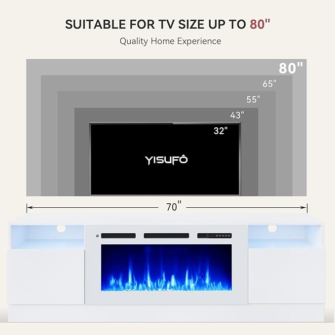 70" TV Stand with 36" Electric Fireplace, Large Modern Media Entertainment Center with Storage Cabinet and 12 Colors LED Lights for TVs Up to 80",All White