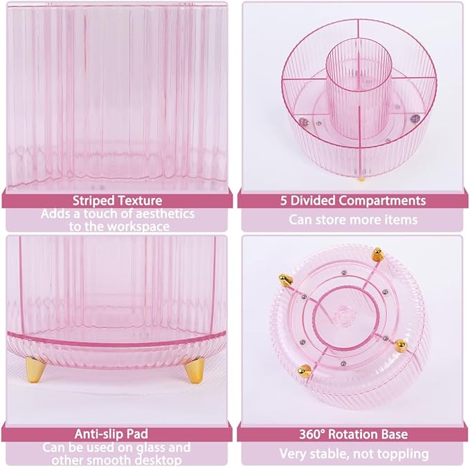 SKYDUE Rotating Pencil Pen Holder, Pen Organizer with 5 Slots - Aesthetic Desk Organizer and Accessories for School, Home, Office Supplies, Clear Pink