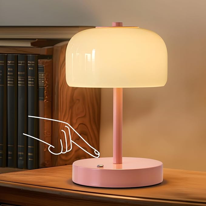 Oneach Portable Cordless Table Lamp, Rechargeable Battery Powered Lamp with Opal Glass Shade, 3-Way Dimmable LED Touch Mushroom Table Lamp for Bedroom, Bedside, Living Room, Dining Room, Patio, Pink