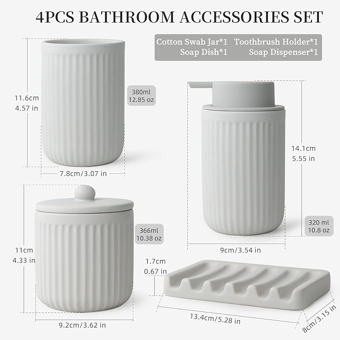 BosilunLife Light Grey Bathroom Accessories Set - Ceramic Bathroom Counter Soap Set Bathroom Decor Sets Accessories Bathroom Foam Soap Dispenser and Toothbrush Holder Set, Soap Dish, Apothecary Jars