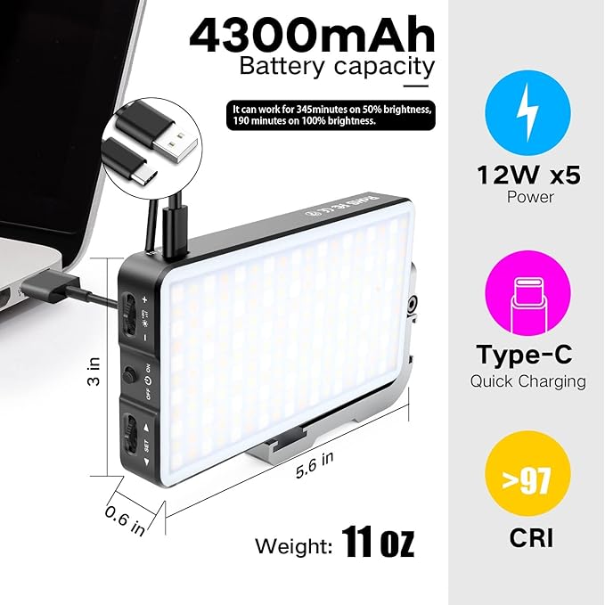 G2 Pocket RGB Camera Light,32Wh Built-in 4300mAh Rechargeable Battery 360°Full Color Gamut 9 Light Effects,2600-10000K LED Video Light Panel with Aluminum Alloy Body, Adjustable Tripod Stand