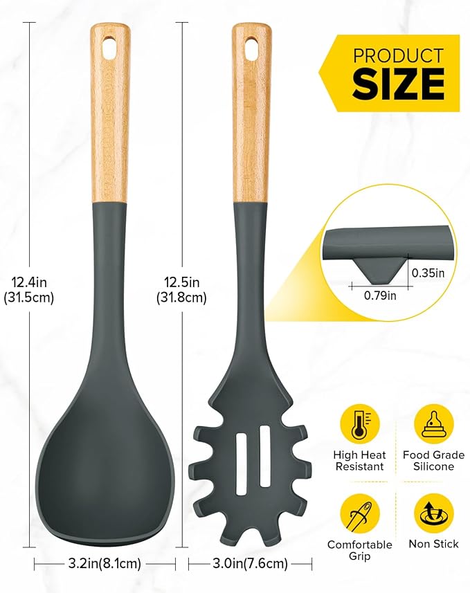 Silicone Soup Ladle and Spaghetti Spoon Set with Wooden Handle, Non Stick Heat Resistant Kitchen Utensils for Cooking, Stirring, Serving Pasta, Soup & Sauce(GRAY)