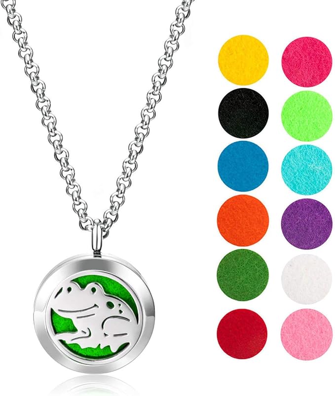 Wild Essentials Happy Frog Essential Oil Diffuser Necklace, Stainless Steel Locket Pendant with 24 inch Chain, 12 Color Refill Pads, Customizable Color Changing Perfume Jewelry for Aromatherapy