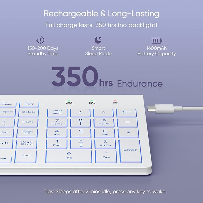 SABLUTE Wireless Keyboard with 7 Colored Backlits, Rechargeable Silent Compact Cordless Computer Keyboard with Low Profile Quiet Light Up Keys for Windows, PC, Linux, Chrome, Mac (White)