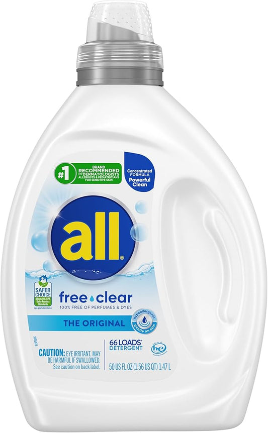 all free clear, Original, Liquid Laundry Detergent for Sensitive Skin, Unscented and Hypoallergenic, Concentrated