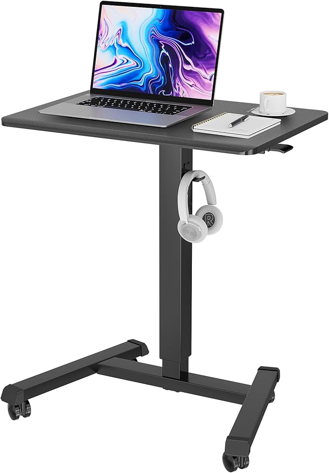 BONTEC Mobile Standing Desk Adjustable Height, Rolling Laptop Cart with Hook, Portable Workstation with Pneumatic Lift, Ergonomic Table with Wheels, Compact Home Office Desk, Black 25.6" x 17.7"