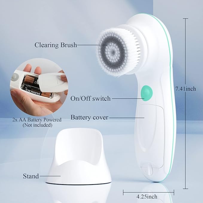 TOUCHBeauty Facial Cleansing Brush Electric, Face Cleansing Brush with Stand, 3 Brush Heads, 2 Speeds, IPX5 Waterproof, Battery-Powered, Suitable for All Skin Types, TB-0759D