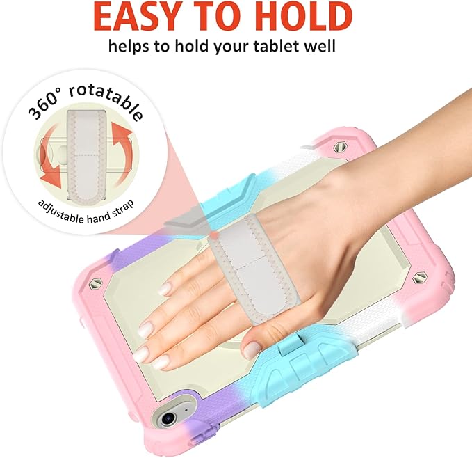Ambison Case for iPad A16 11th/10th Generation 11"/10.9'' 2025/2022,Heavy Duty Shockproof Case with Tempered Glass Screen Protector, 360° Rotating Handle Strap&Stand,Shoulder Strap-Pink