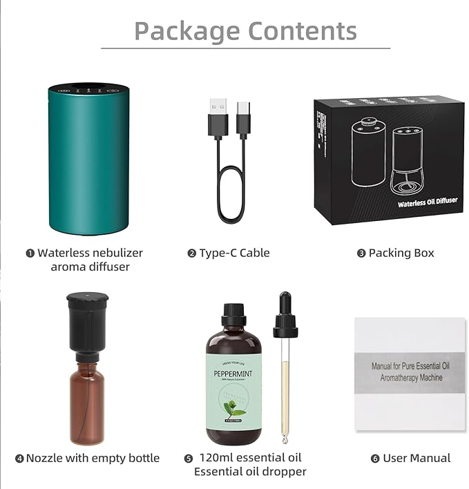 Waterless Essential Oil Diffuser Starter Kit - No Water Needed, Battery Operated Scent Diffuser Included 120ml Essential Oil, Portable Mini Aromatherapy Nebulizer for Home, Room, Car, Office, Green