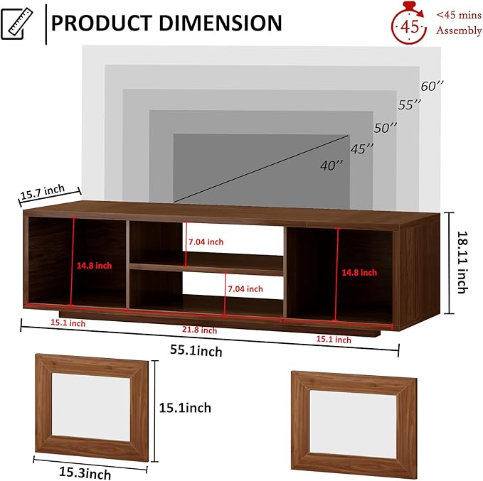 HSH Walnut TV Stand for 60 Inch TVs,Entertainment Center with Storage and Sliding Doors,Farmhouse Tv Stand Wood for Living Room,Low Media Console Cabinet for Bedroom,55 Inch